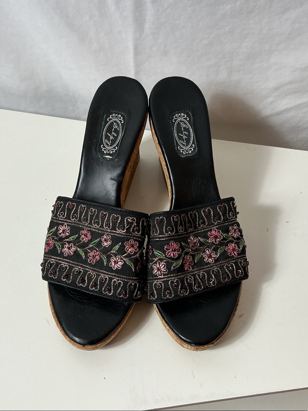Salpy Black Embroidered Floral Slide Sandals